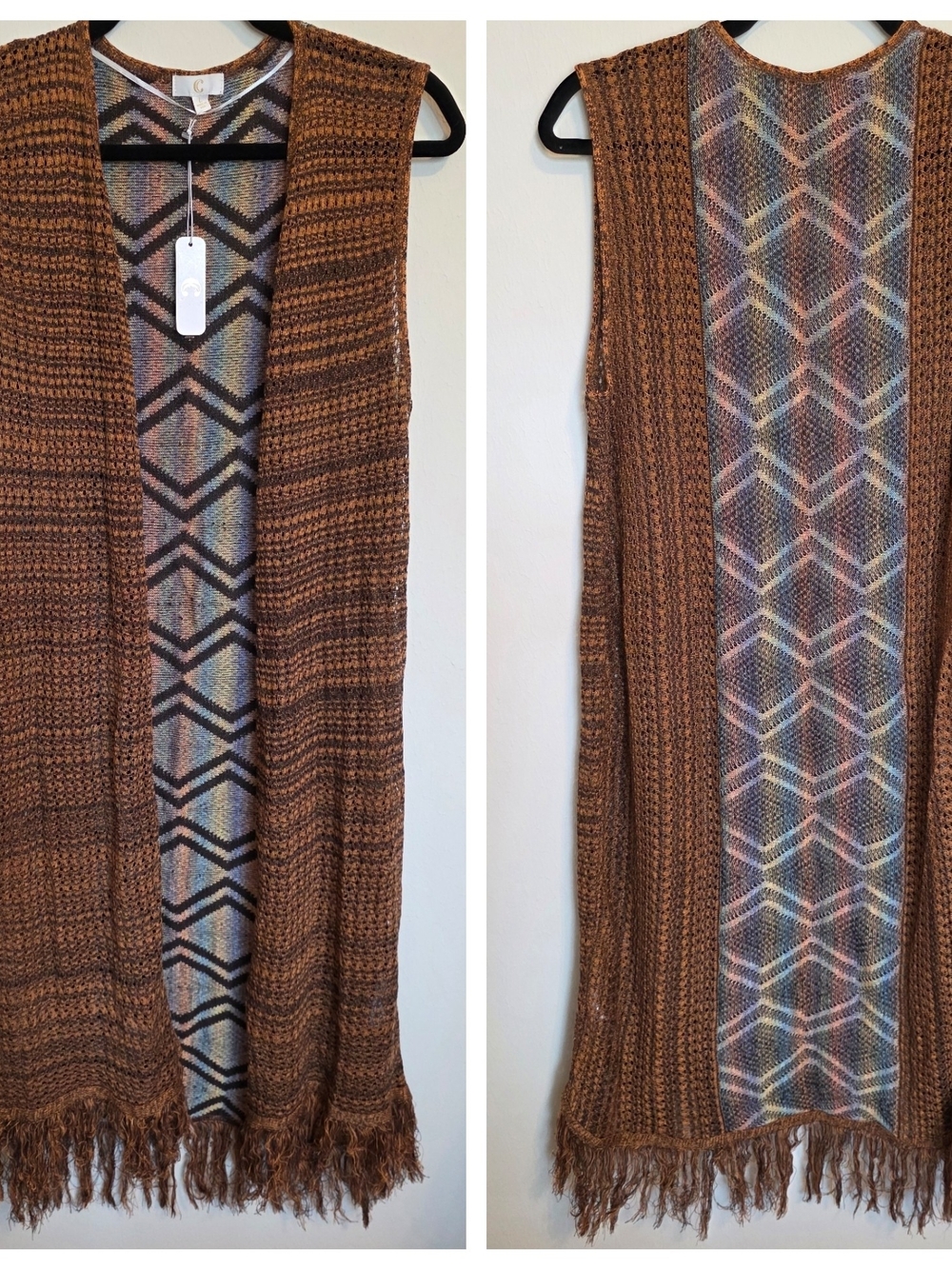 C Multicolor Knit Fringe-Edged Vest with Brown Accents